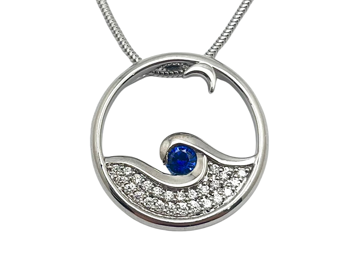 Moon Glow Pendant with Sapphire Center and Accenting Diamonds - White Gold