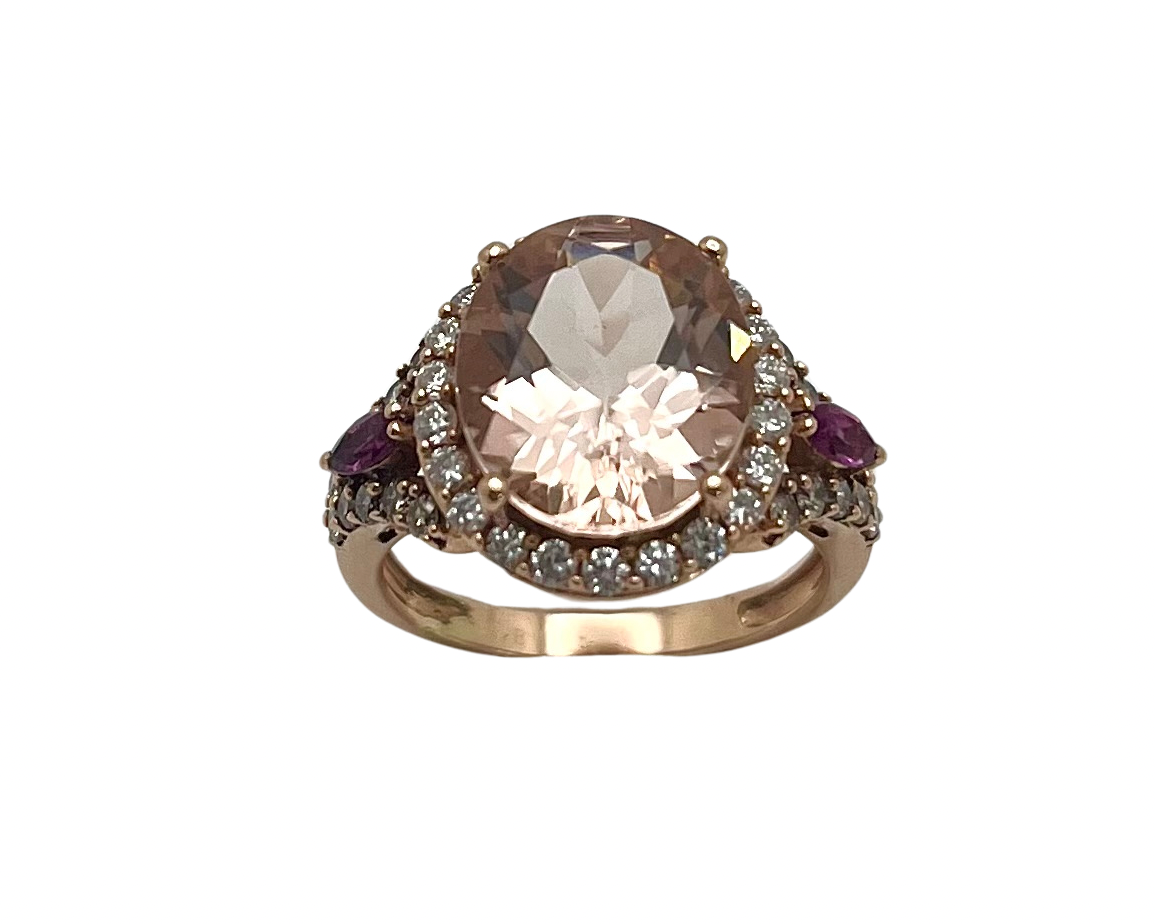 Morganite Ring with Pave Diamond Halo and Purple Sapphire Accents - Rose Gold