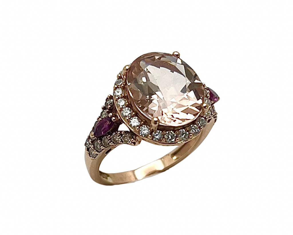 Morganite Ring with Pave Diamond Halo and Purple Sapphire Accents - Rose Gold