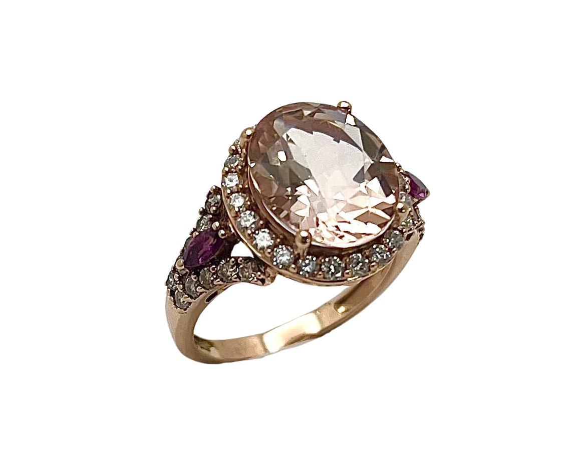 Morganite Ring with Pave Diamond Halo and Purple Sapphire Accents - Rose Gold