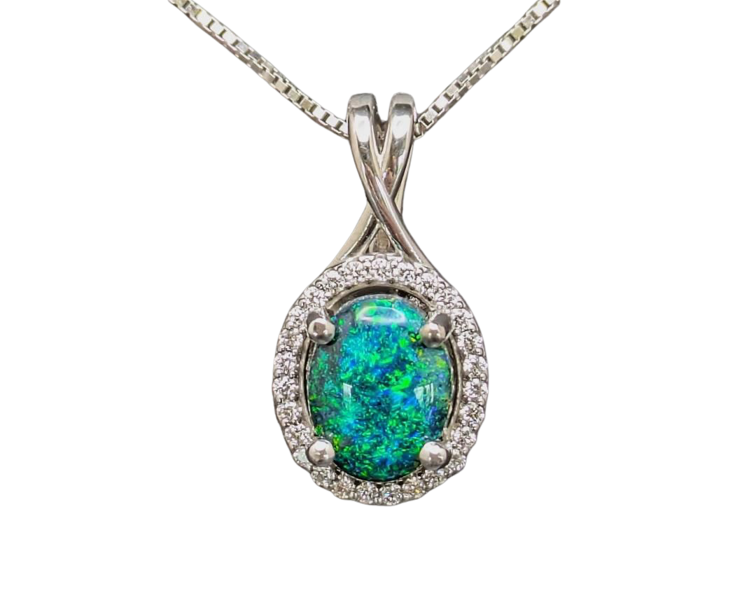 1.77ct Australian Black Opal Pendant with Pave Diamond Halo - White Gold