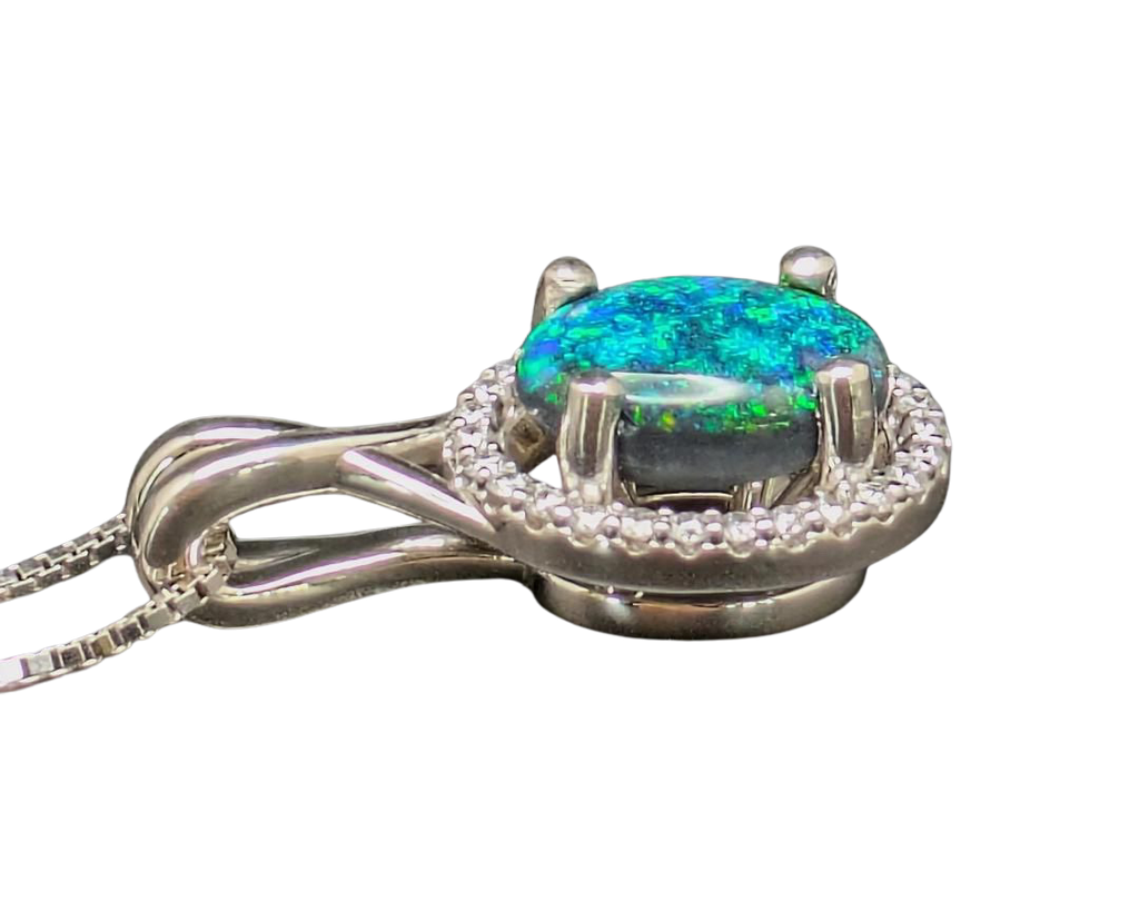 1.77ct Australian Black Opal Pendant with Pave Diamond Halo - White Gold