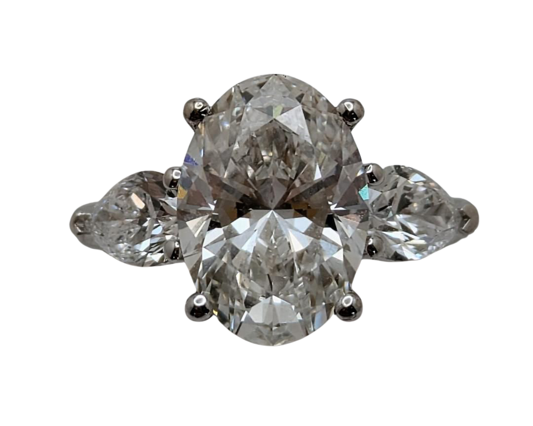 3.06ct Lab Grown Oval Diamond Ring with Pear Accent Diamonds - White Gold