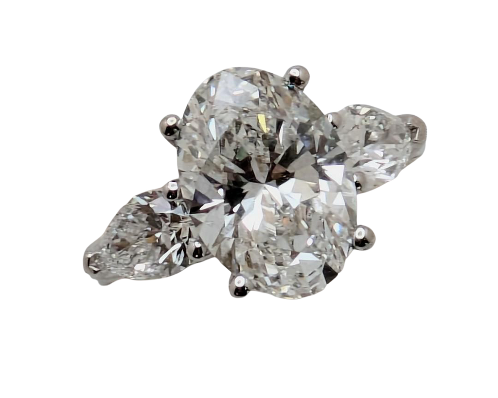 3.06ct Lab Grown Oval Diamond Ring with Pear Accent Diamonds - White Gold