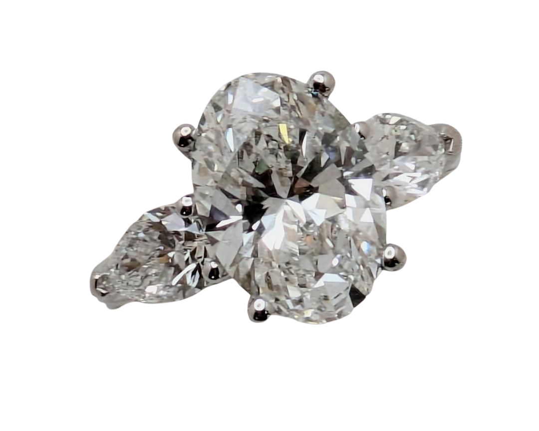 3.06ct Lab Grown Oval Diamond Ring with Pear Accent Diamonds - White Gold
