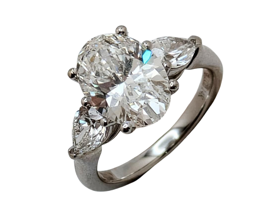 3.06ct Lab Grown Oval Diamond Ring with Pear Accent Diamonds - White Gold