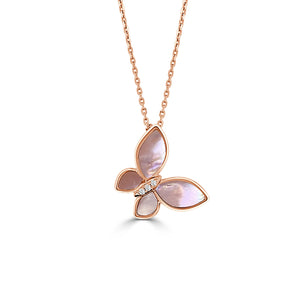 Butterfly Pendant w/Diamonds and Mother of Pearl Inlay - Rose Gold