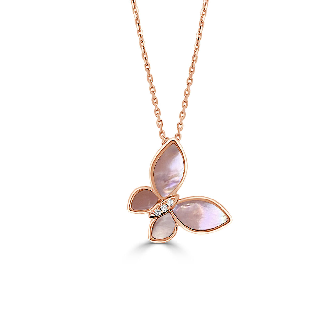 Butterfly Pendant w/Diamonds and Mother of Pearl Inlay - Rose Gold