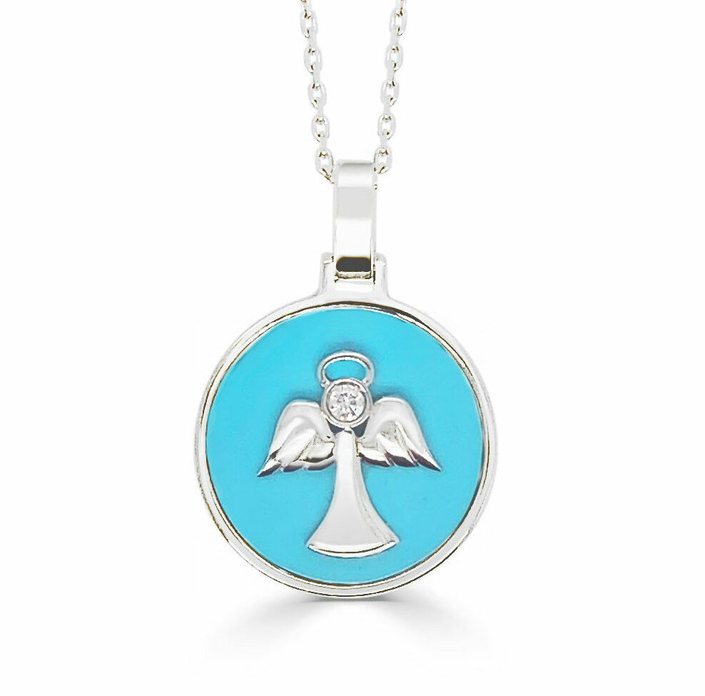 Angel Pendant with Turqoise and Accenting Diamond - White Gold