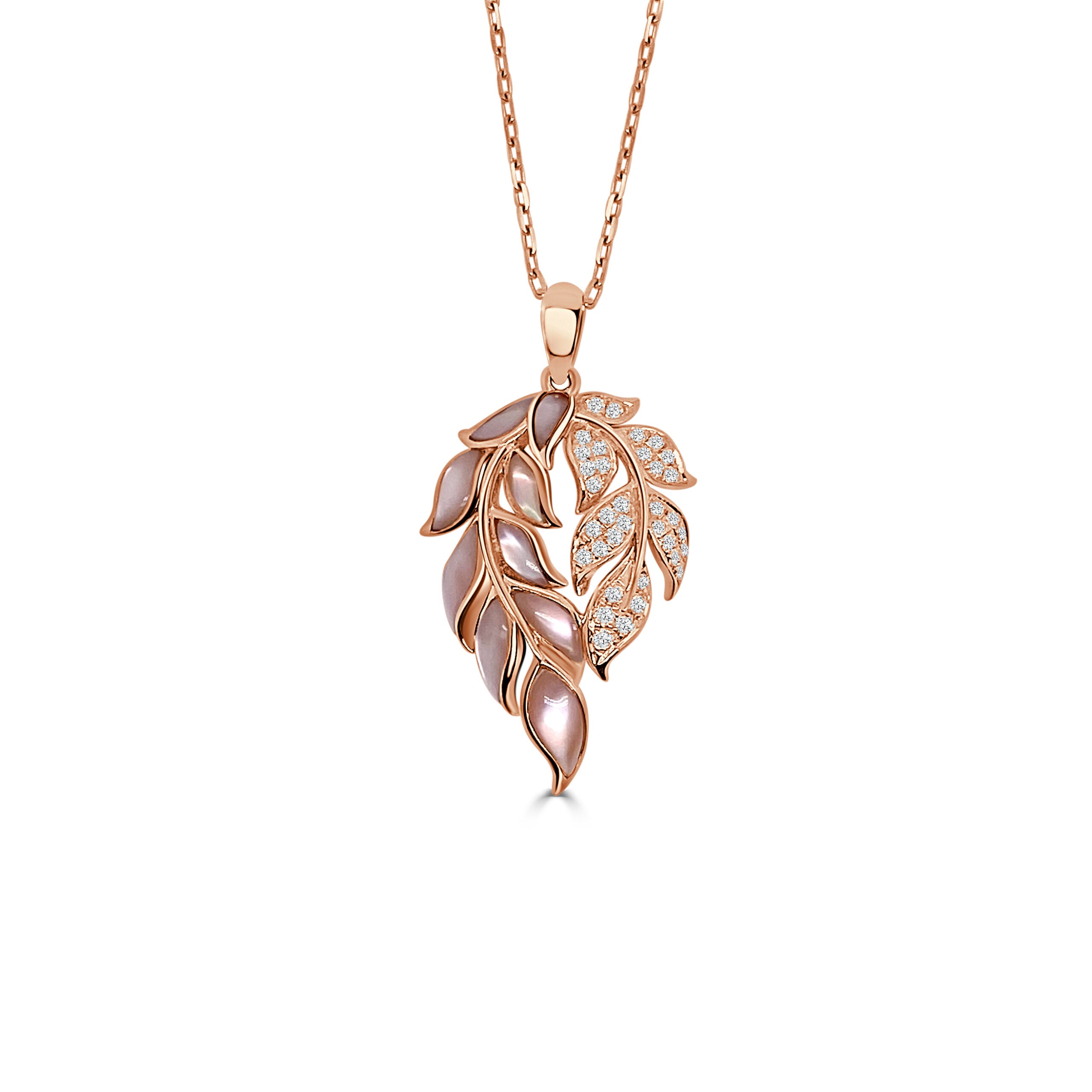 Fern Drop Necklace with Diamonds and Mother of Pearl Inlay - Rose Gold
