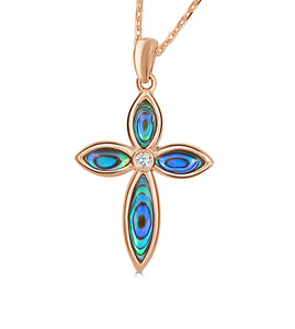 Flora Cross Pendant w/Abalone Inlay and Diamond Accent - Rose Gold