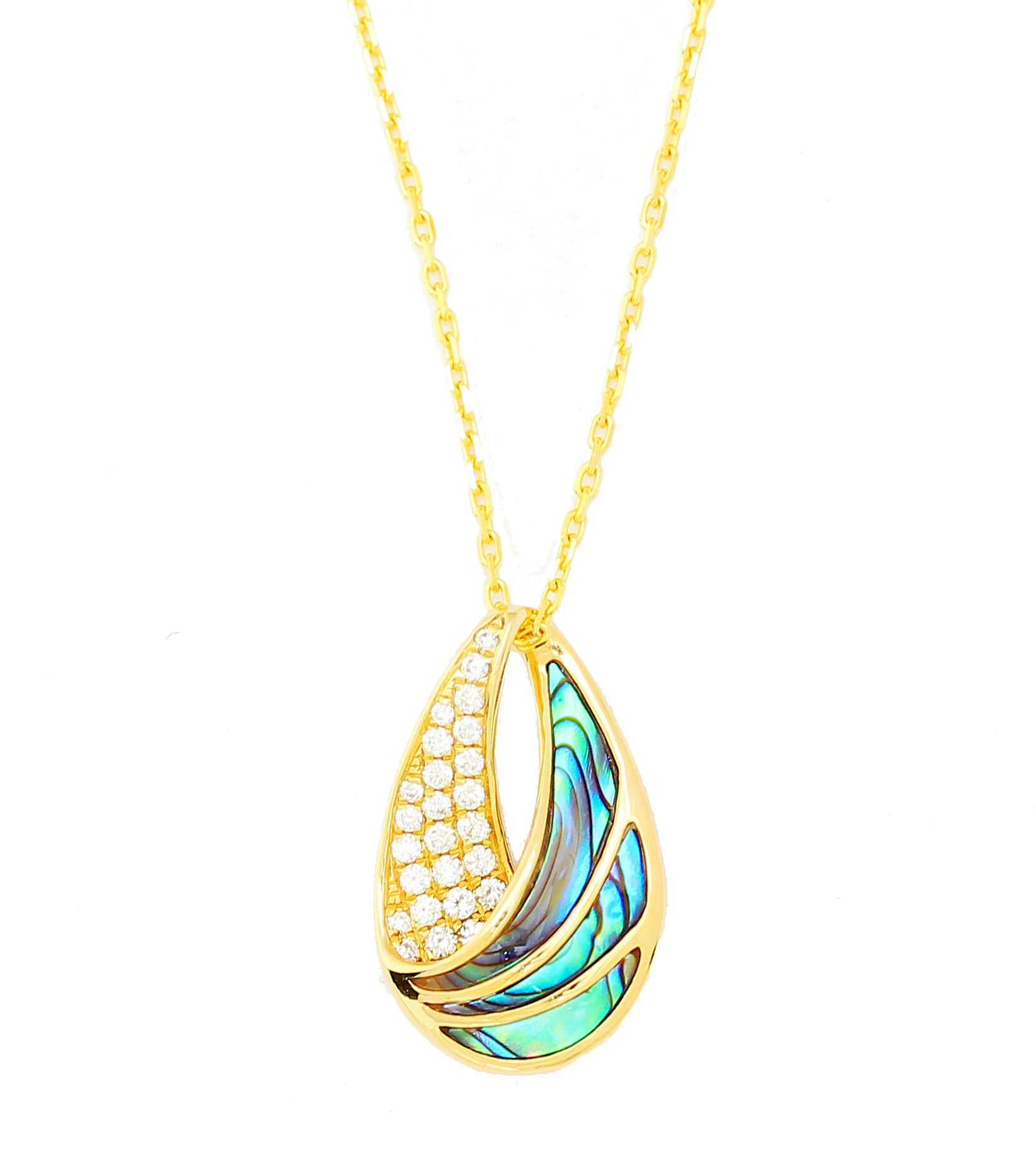 Crescent Drop Pendant with Diamonds and Abalone Inlay - Yellow Gold