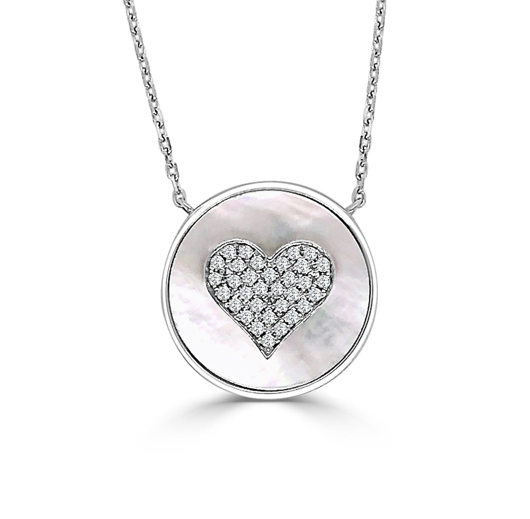 Happy Heart Necklace w/ Diamonds and Mother of Pearl- White Gold
