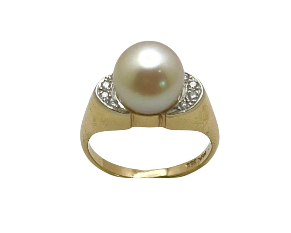 Mid-Century Pearl Ring with Diamonds - Two Tone