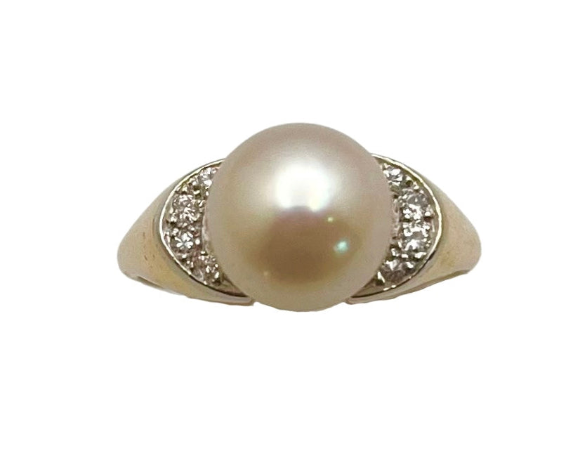 Mid-Century Pearl Ring with Diamonds - Two Tone