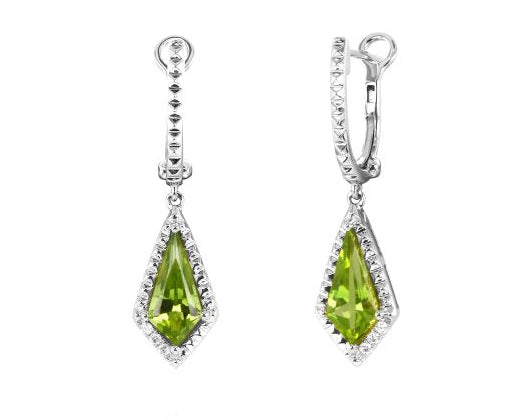 Kite Shape Peridot Dangle Earrings with Diamond Accents - White Gold