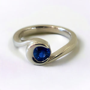 Crescent Moon Wave Ring with Sapphire - White Gold