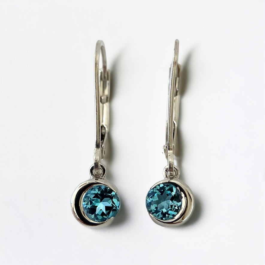 Crescent Moon Dangle Earrings with Blue Topaz and Lever Back Tops - Silver