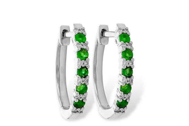 Emerald and Diamond Hinged Hoop Earrings - White Gold