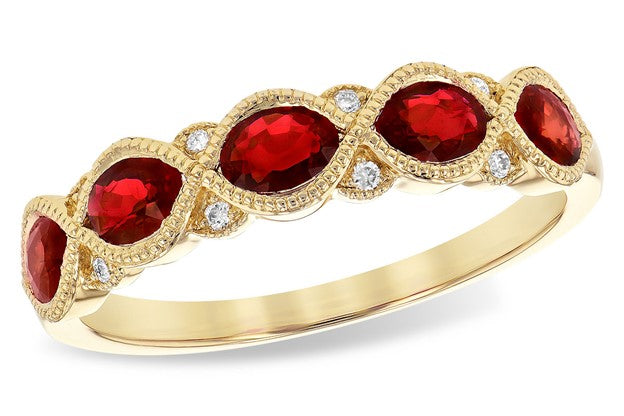 Ruby and Pave Diamond Ring with Milgrain Detail - Yellow Gold