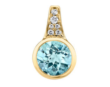 Bezel Set Aquamarine Pendant with Pave Diamonds - Yellow Gold