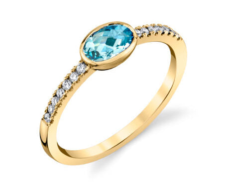 Bezel Set Aquamarine Ring with Pave Diamonds - Yellow Gold
