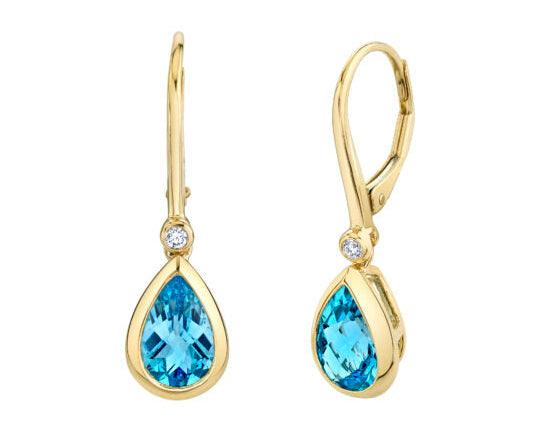 Blue Topaz Teardrop Dangle Earrings with Diamond Accents - Yellow Gold