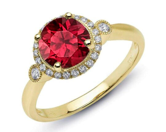 Ruby Ring with Diamond Halo and Accents - Yellow Gold