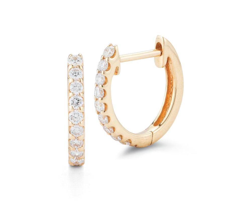 Small Huggie Style Pave Diamond Hoop Earrings - Yellow Gold