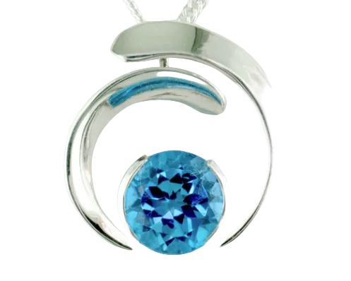 A silver swirl-shaped pendant necklace featuring a round, faceted blue topaz in the center, shown against a plain white background.