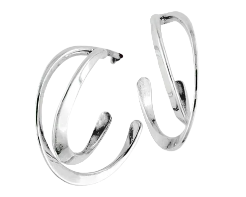 A pair of polished silver-toned open hoop earrings with a modern, flowing curved design, displayed against a solid white background.