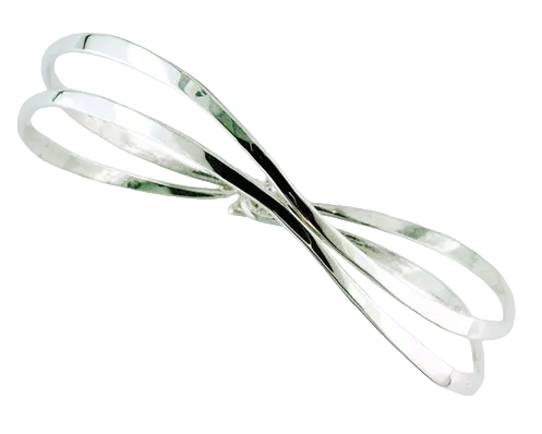 A polished silver-toned metal bangle bracelet with a unique double twisted, looped design, shown on a plain white background.