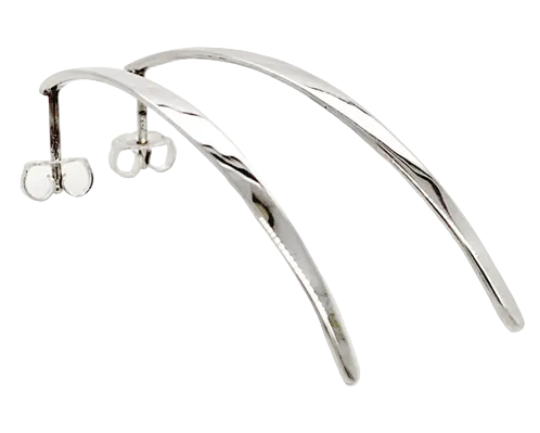 A pair of polished silver long curved post earrings with butterfly backings, displayed on a clean white background.