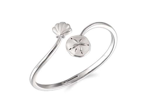 Sand Dollar and Clam Shell Bangle with White Topaz Accent - Sterling Silver