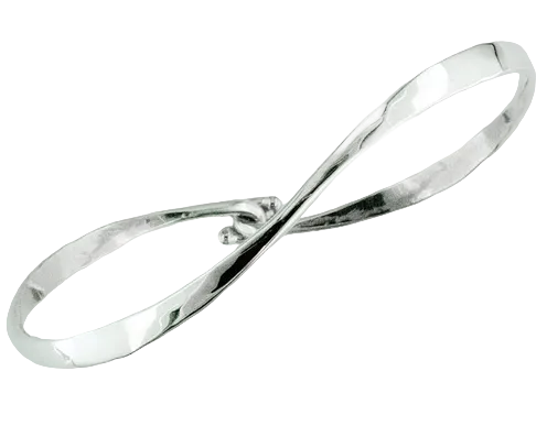 A polished silver wavy bangle bracelet with a smooth, reflective finish, isolated on a white background.