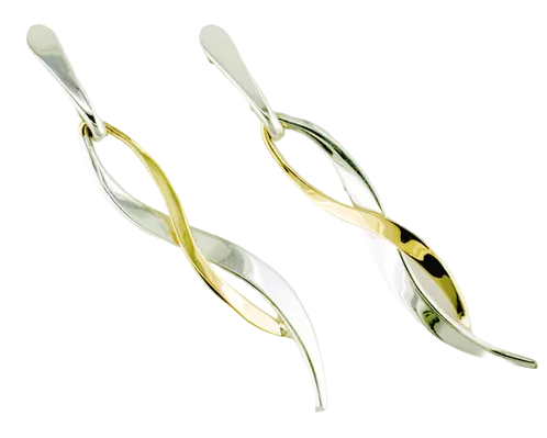 A pair of modern twisted drop earrings with a dual-tone finish, featuring one gold-toned and one silver-toned twisted ribbon design with flat post ends, shown on a plain white background.