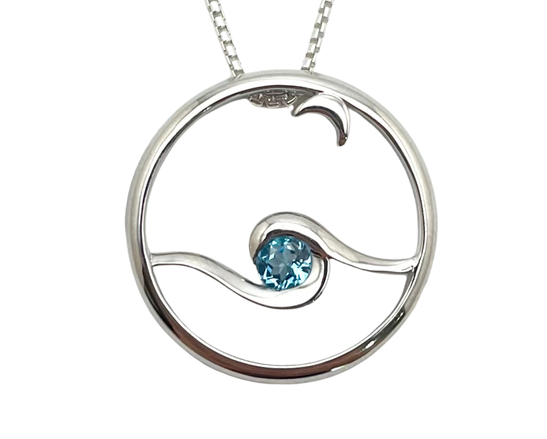 Moon Glow Pendant with Blue Topaz Center - Silver
