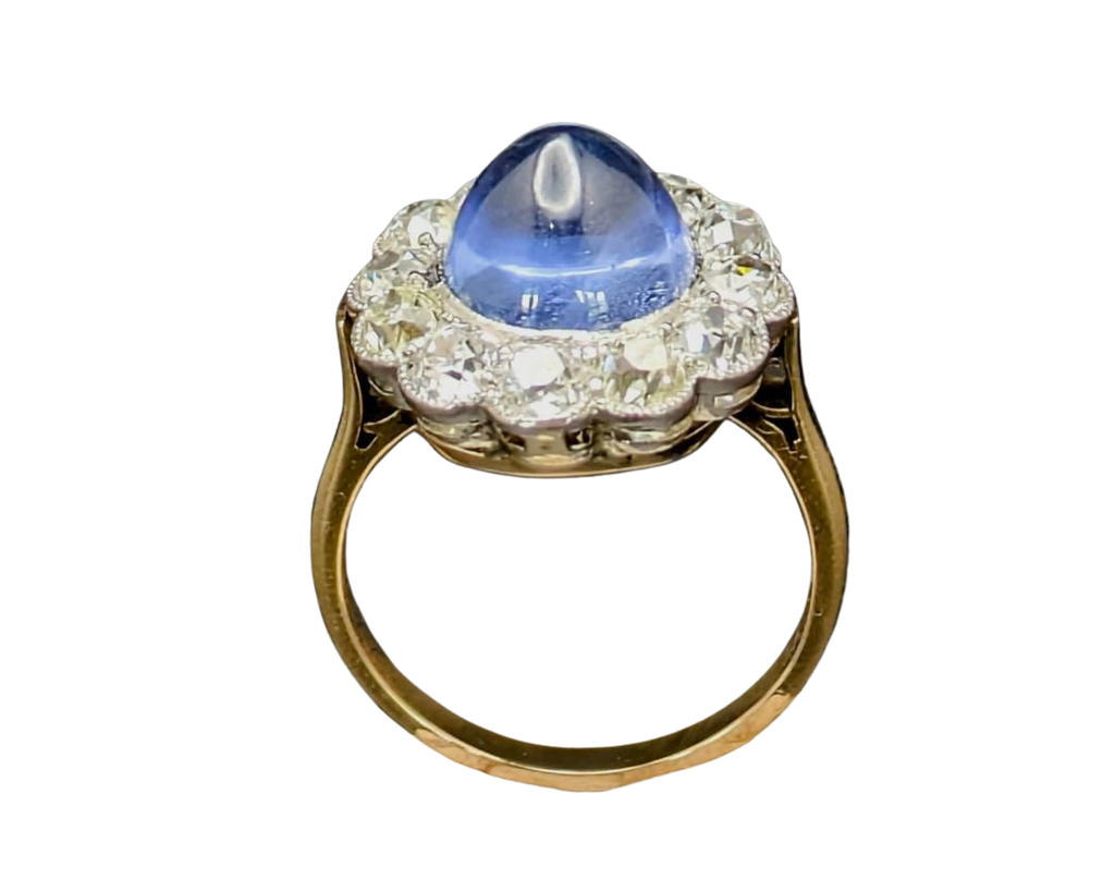 Sapphire Sugarloaf Ring with Old Mine Cut Diamond Halo - Two Tone