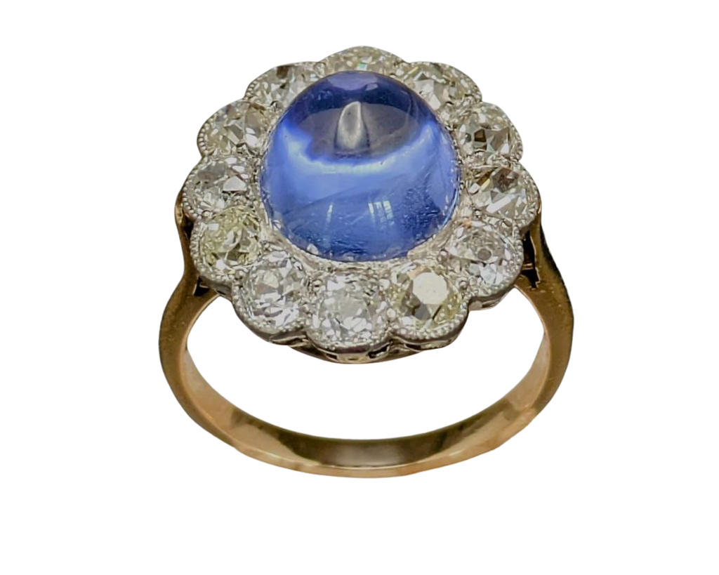 Sapphire Sugarloaf Ring with Old Mine Cut Diamond Halo - Two Tone