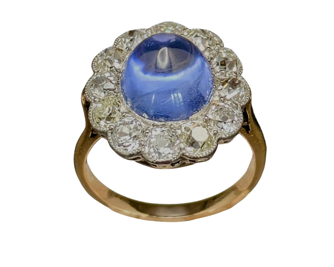Sapphire Sugarloaf Ring with Old Mine Cut Diamond Halo - Two Tone