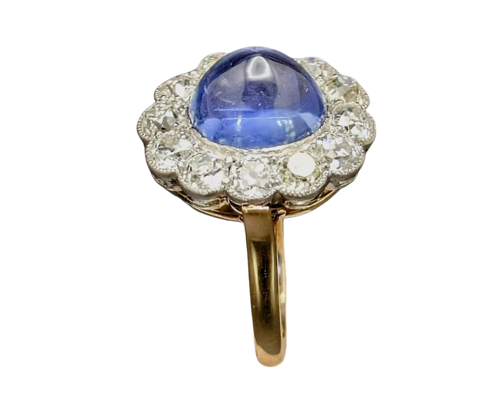 Sapphire Sugarloaf Ring with Old Mine Cut Diamond Halo - Two Tone