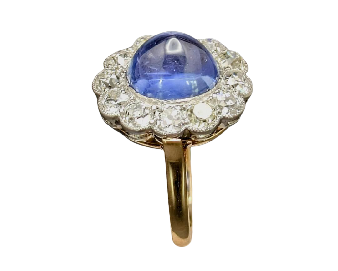 Sapphire Sugarloaf Ring with Old Mine Cut Diamond Halo - Two Tone