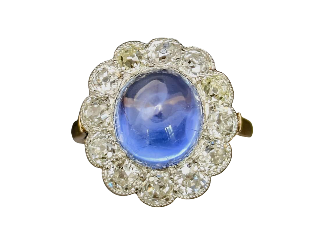 Sapphire Sugarloaf Ring with Old Mine Cut Diamond Halo - Two Tone