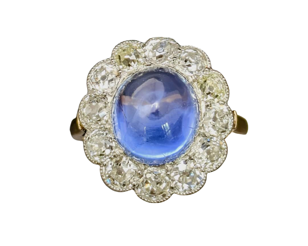 Sapphire Sugarloaf Ring with Old Mine Cut Diamond Halo - Two Tone