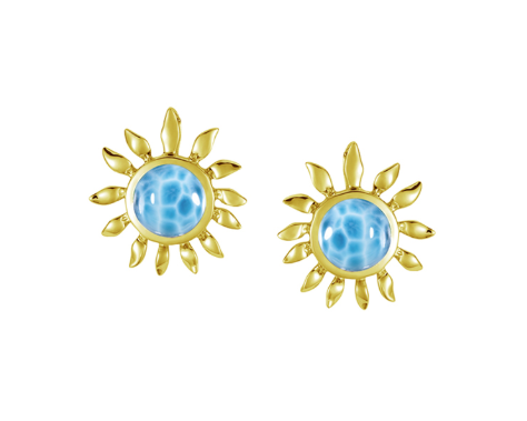 Larimar Sunflower Shape Studs - Yellow Gold