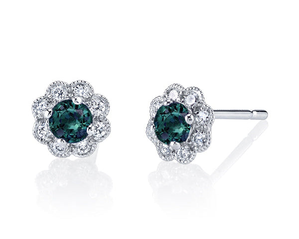 Alexandrite and Diamond Earrings with Milgrain Detail - White Gold