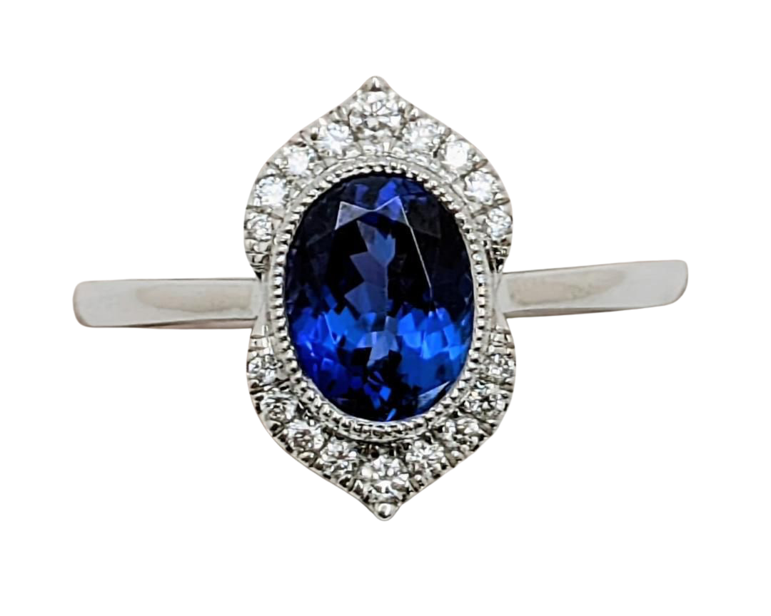 Tanzanite Ring with Milgrain Bezel and Pave Diamond Accents - White Gold