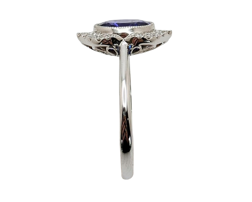 Tanzanite Ring with Milgrain Bezel and Pave Diamond Accents - White Gold