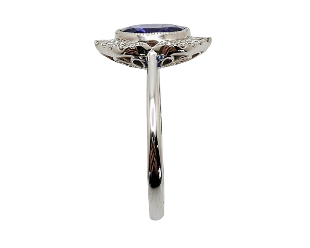 Tanzanite Ring with Milgrain Bezel and Pave Diamond Accents - White Gold