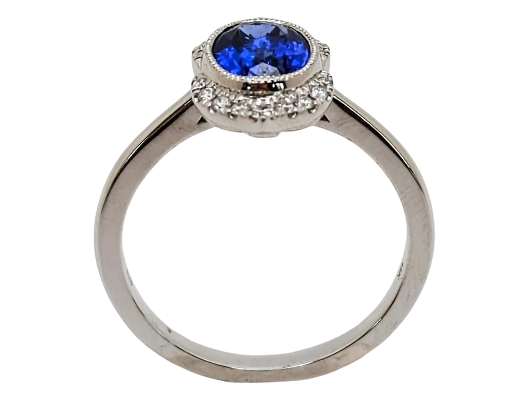 Tanzanite Ring with Milgrain Bezel and Pave Diamond Accents - White Gold